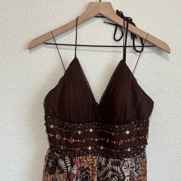 VTG Y2K Muse Silk Brown Halter Beaded Paisley Maxi Dress Whimsigoth Fairy Boho - Picture 3 of 9